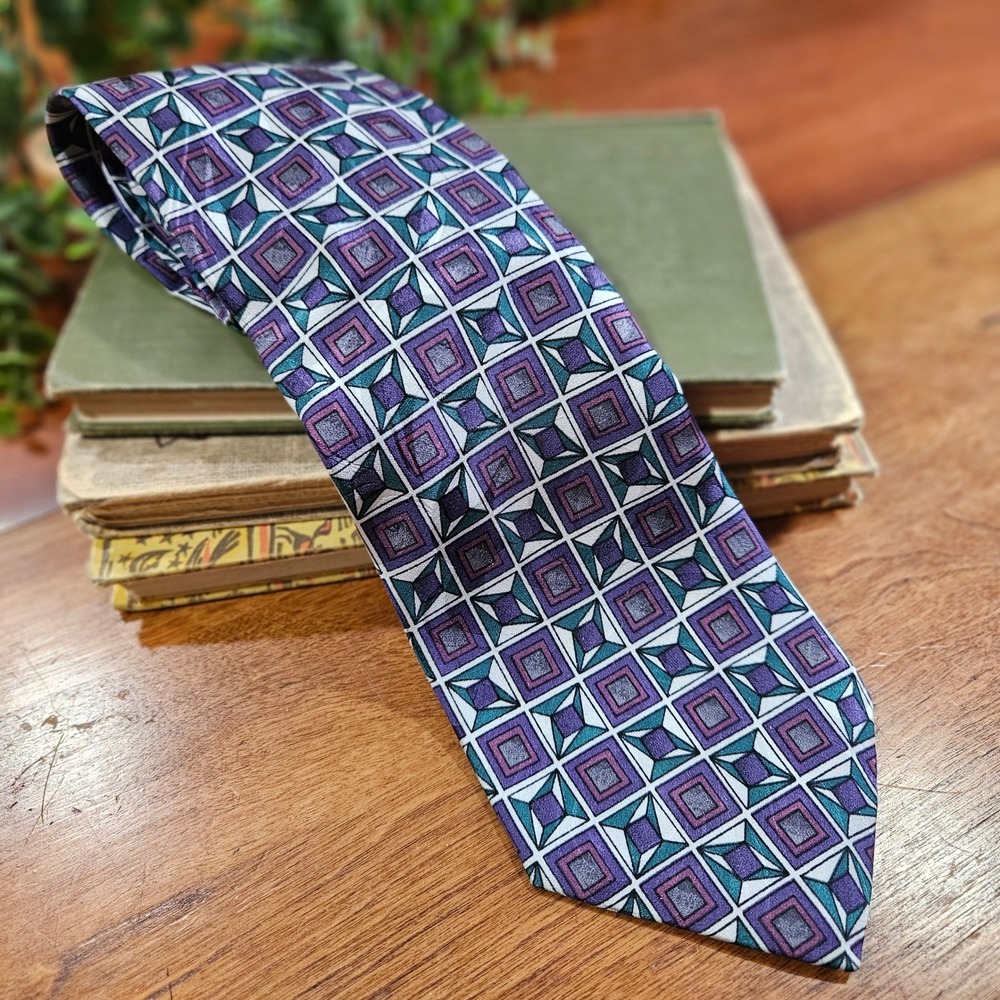 J Blades & Co 100% Silk Tie Vtg Mod Geometric Atomic MCM Purple Blue Made USA